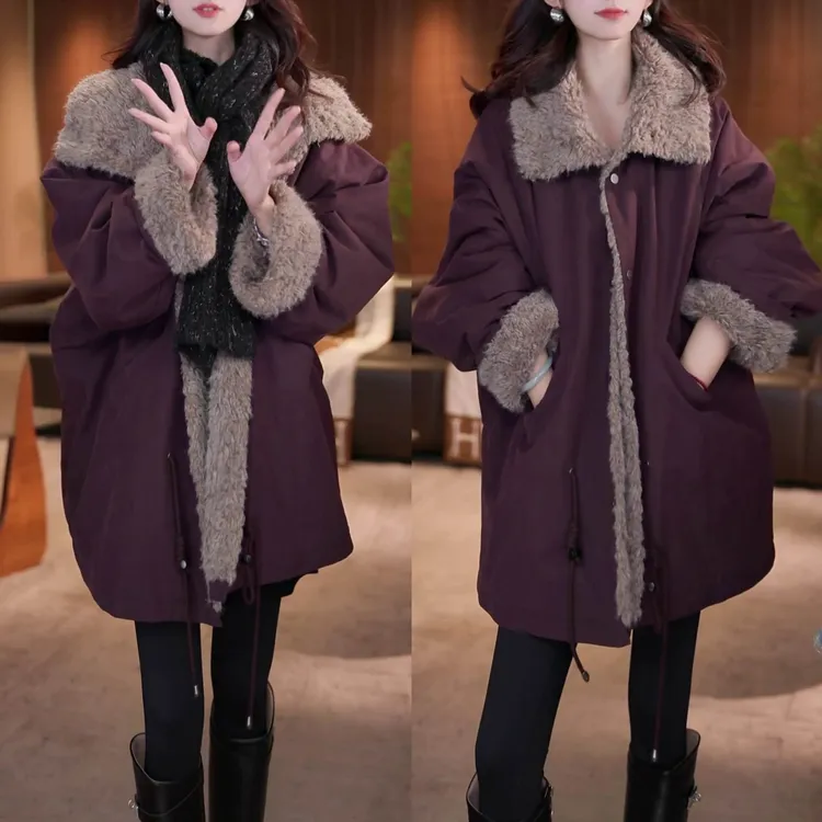 时尚百搭加绒保暖中长款外套冬季新款洋气显瘦立领双面穿外套女