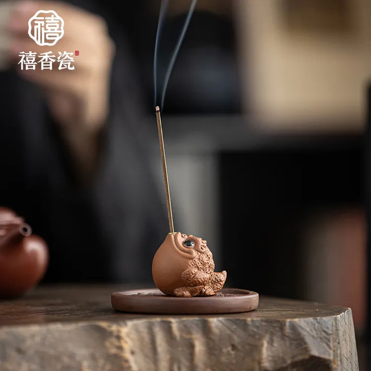 禧香瓷茶宠迷你金蟾线香炉家用室内香插香座禅意茶台桌面摆件