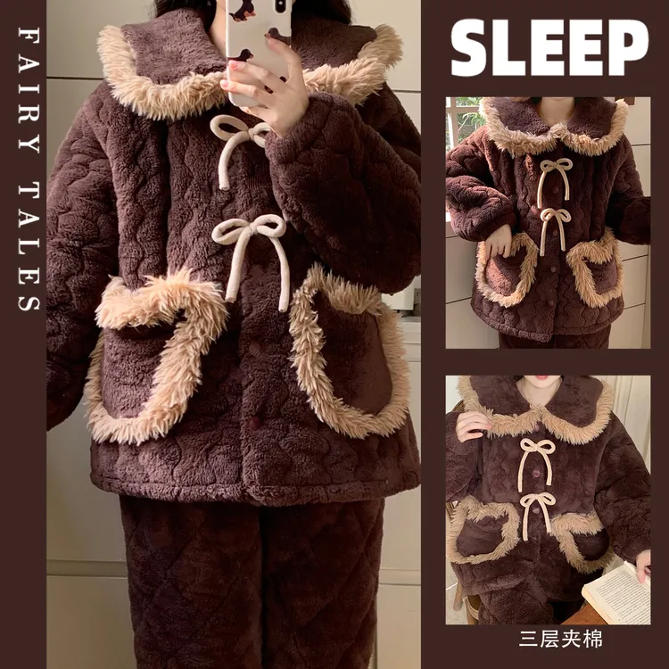 法兰绒睡衣女款爆款2025新款冬加绒加厚家居服三层夹棉珊瑚绒套装