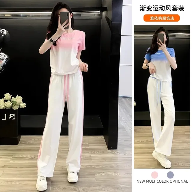 渐变短袖运动风套装女士2025超火夏季新款洋气显瘦阔腿裤两件套潮