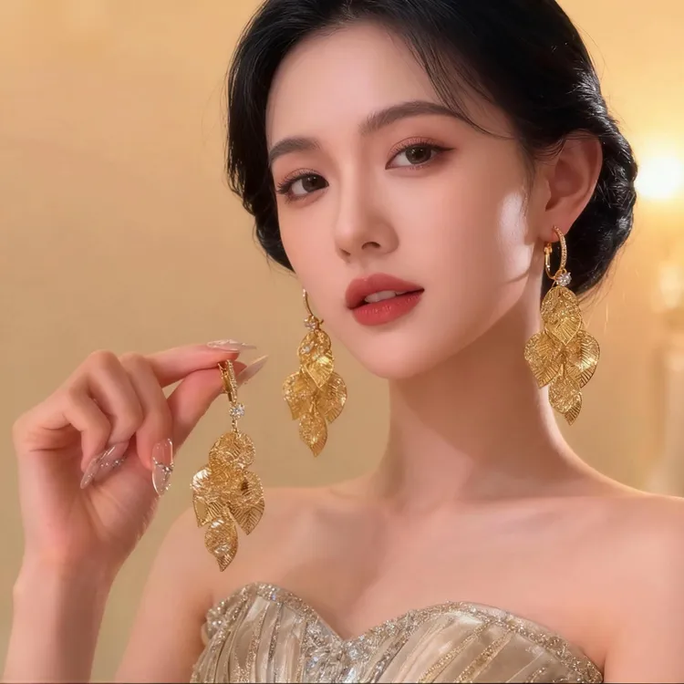 铜合金锆石耳饰 金色枯叶流苏耳环2025新款小众设计感耳饰耳钉女