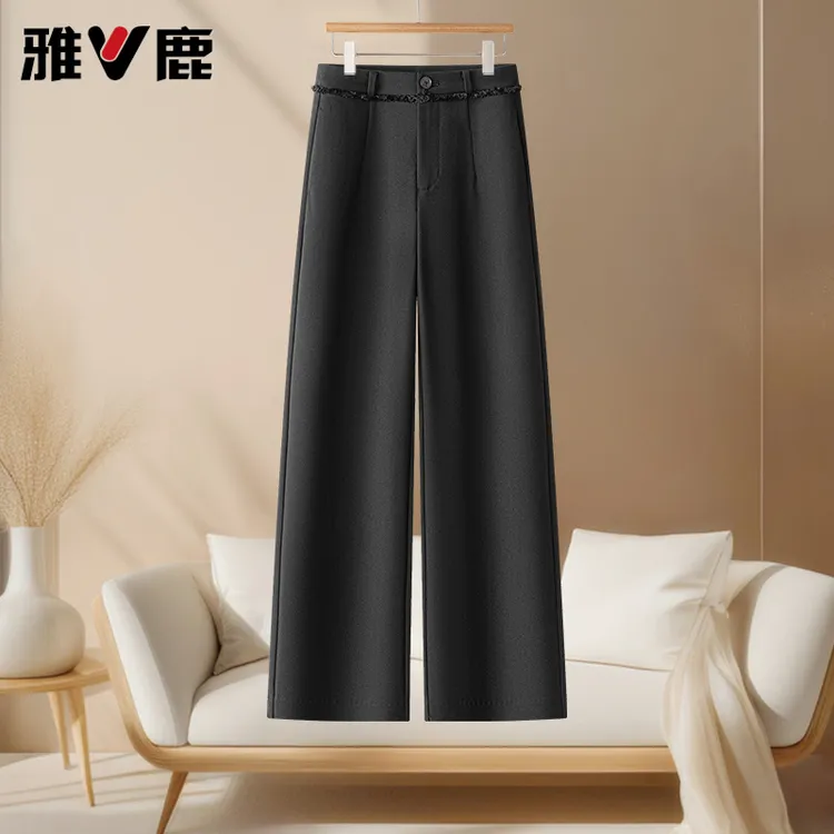 V/雅鹿高级黑色羊毛花边窄版阔腿裤女2025秋季新款高腰宽松休闲裤