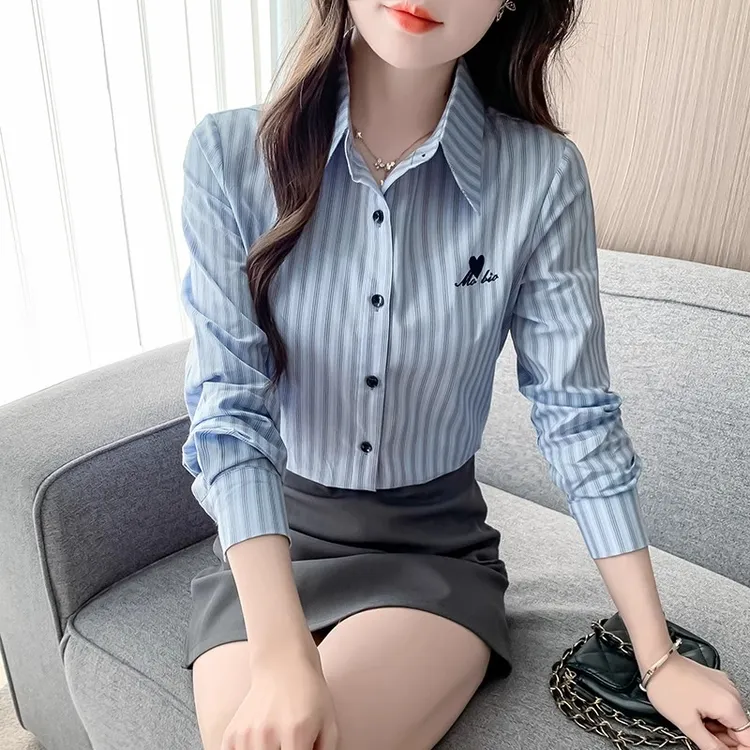 时尚减龄棉布衬衫女春秋2025年新款女装条纹刺绣职业女士衬衣上衣