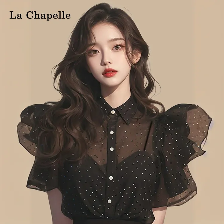 拉夏贝尔法式赫本泡泡袖上衣小众宽松黑色衬衫短袖设计感修身型