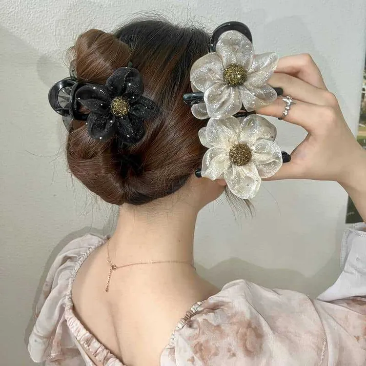 高级感网纱水钻太阳花抓夹女气质半扎发花朵发夹后脑勺盘发鲨鱼夹