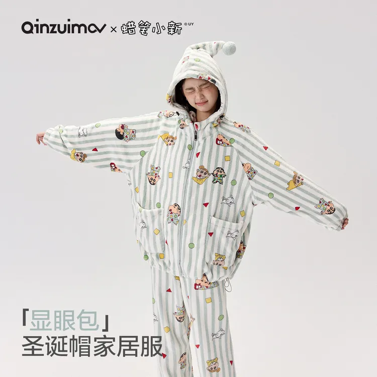 亲嘴猫【蜡笔小新】法兰绒可外穿卡通少女连帽睡衣家居服套装秋冬