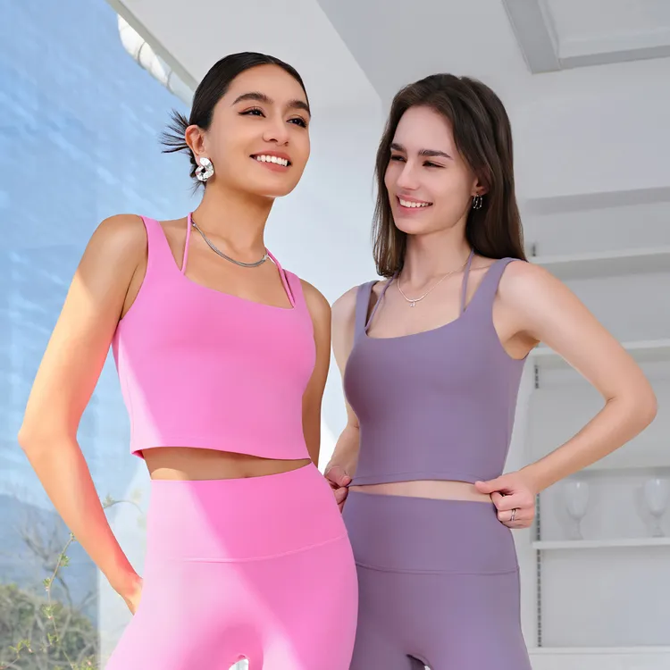 新款裸感假两件运动内衣挂脖带胸垫瑜伽背心女一体防震款健身文胸