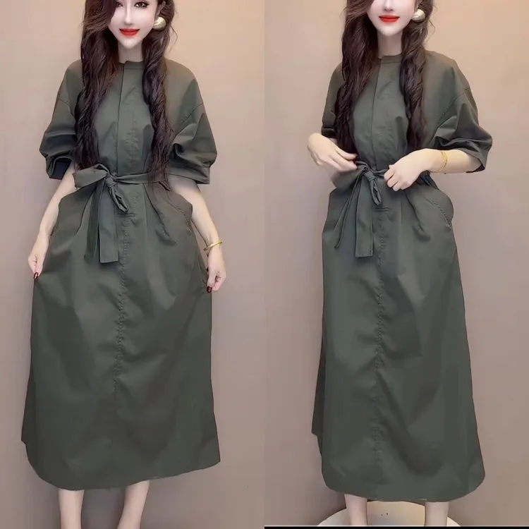 常规宽松连衣裙秋季套头夏季时尚A字裙系带圆领