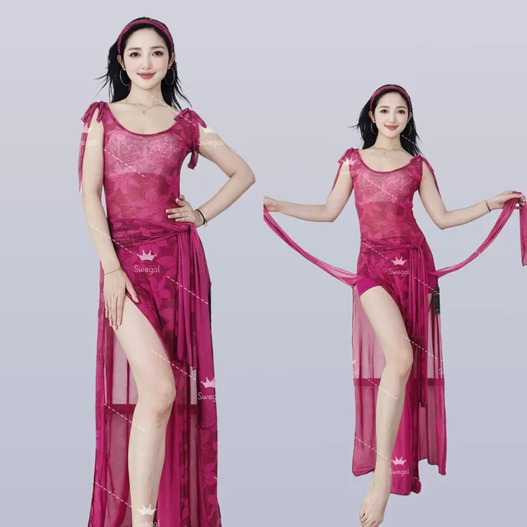 swegal肚皮舞练功服东方舞紫玫红印花网纱袍子动感十足微透性感