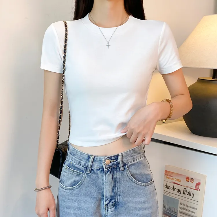 白色正肩小高领短袖T恤女夏季新款修身短款露脐打底衫显瘦上衣潮