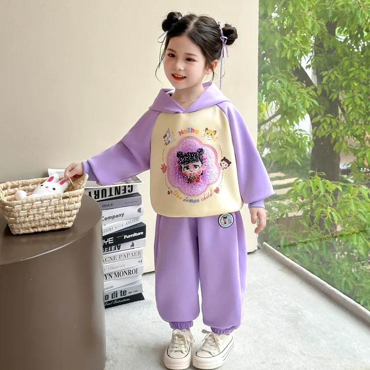 哪吒儿童服装女童秋季亮片变色连帽卫衣套装2025新款小女孩春秋装