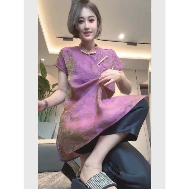 新中式国风女装紫色盘扣短袖衬衫女夏季气质小衫唐装改良旗袍上衣