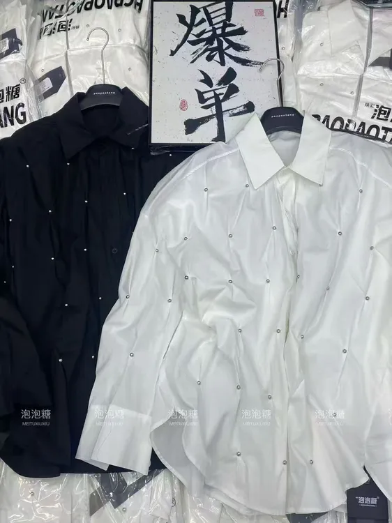 （胖萌家）2025大码女装白色烫钻衬衫韩系休闲宽松慵懒高级感上衣