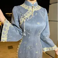 LHMknk1画报夫人原创自制秋冬麂皮绒珠链蕾丝秋季旗袍 深蓝太太