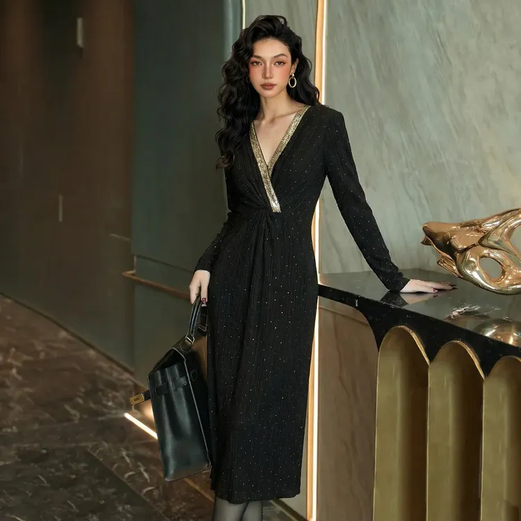 【FUNANI】设计感百搭中长款开叉2025气质秋冬高级感连衣裙X2530394