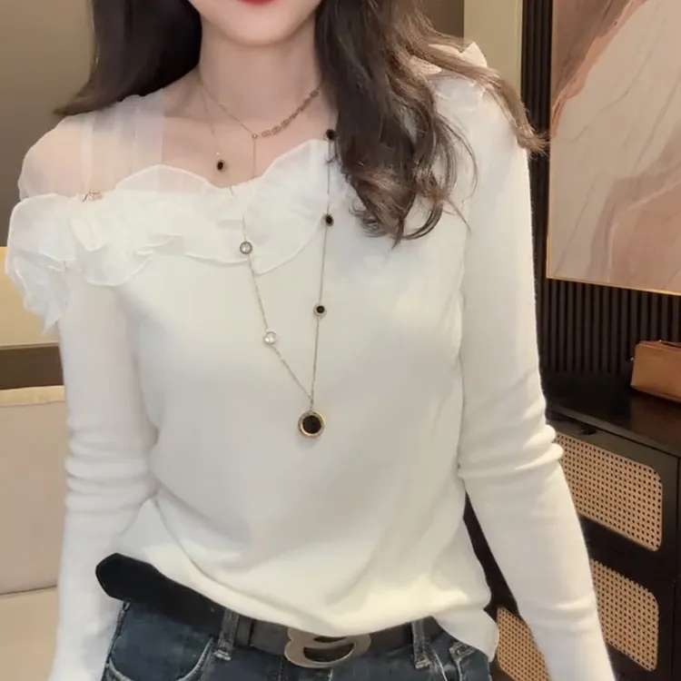 欧洲站重工花边长袖网纱拼接针织衫女2025年秋季新款百搭显瘦上衣