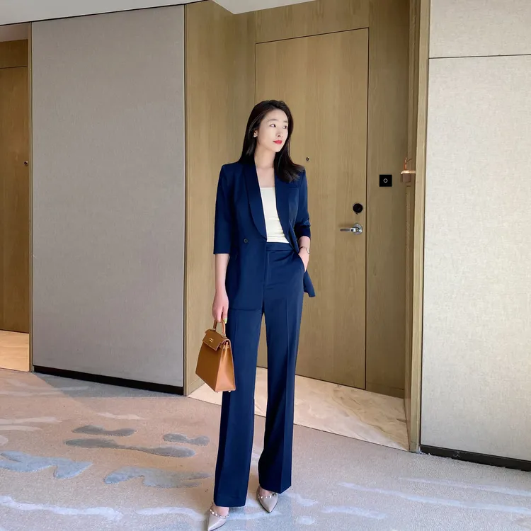 25夏季凉快醋酸缎藏青色七分袖西装两件套通勤直筒裤职业两件套女
