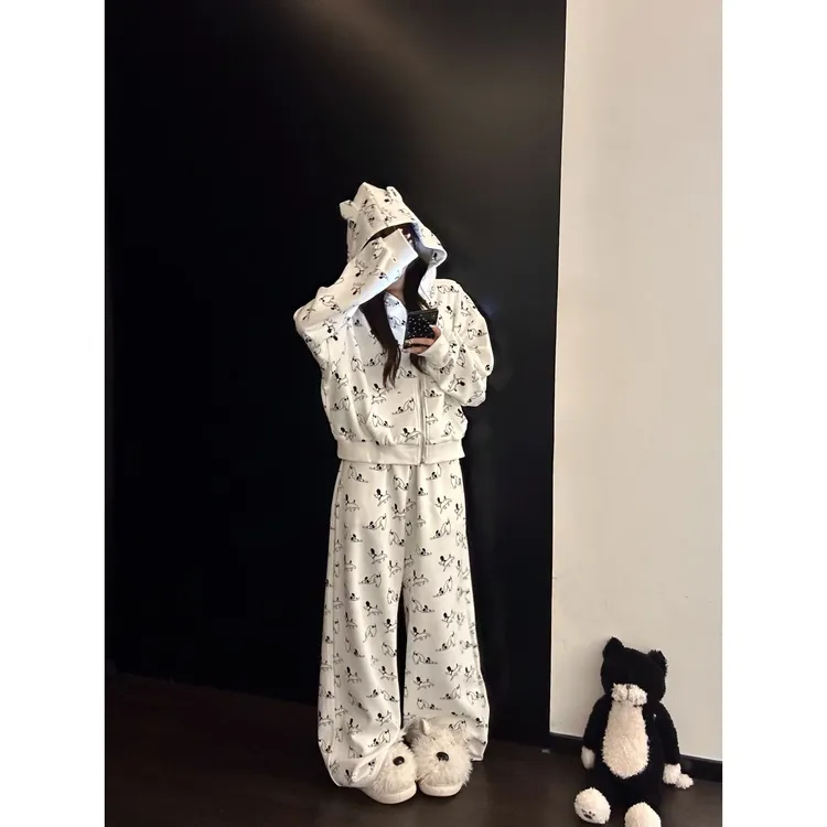 秋季新款可小狗连帽卫衣可外穿套装睡衣爱盐系女外套卫裤家居服