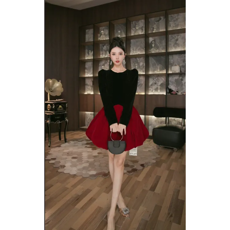 六爻定制 气质减龄不褪色长袖轻奢法式名媛宴会连衣裙 21945