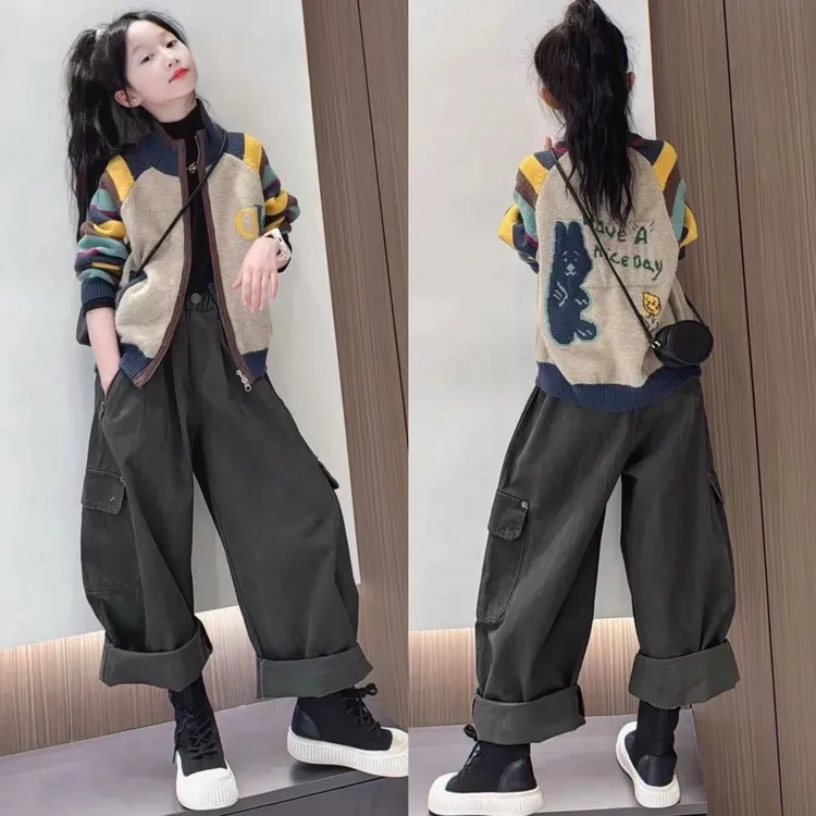 女童外套秋装2025新款儿童针织开衫女孩大童衣服慵懒风工装裤套装