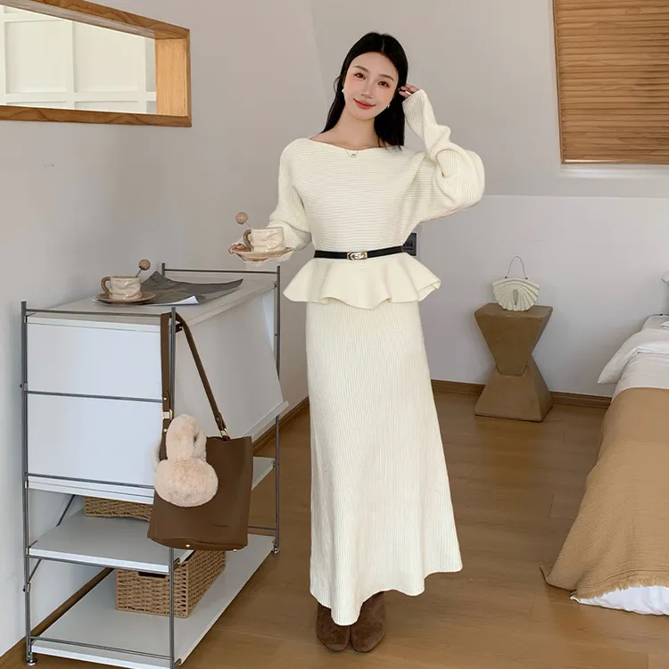 法式针织坑条一字肩收腰伞摆上衣长款半身裙两件套装女连衣裙裙子