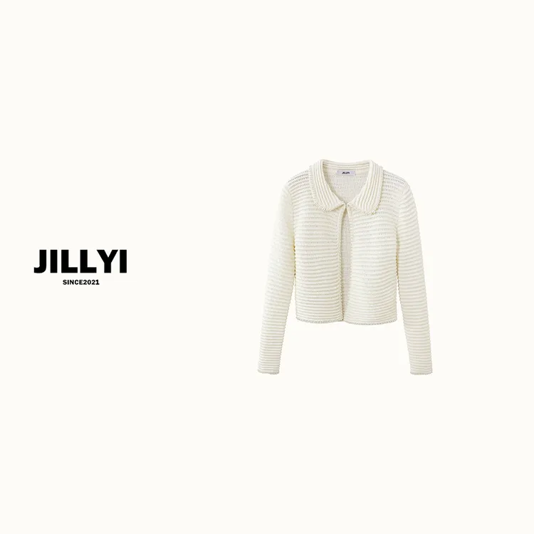 JILLYI【珍珠幕帘】白色手缝珍珠条纹镂空工艺时尚百搭针织开衫