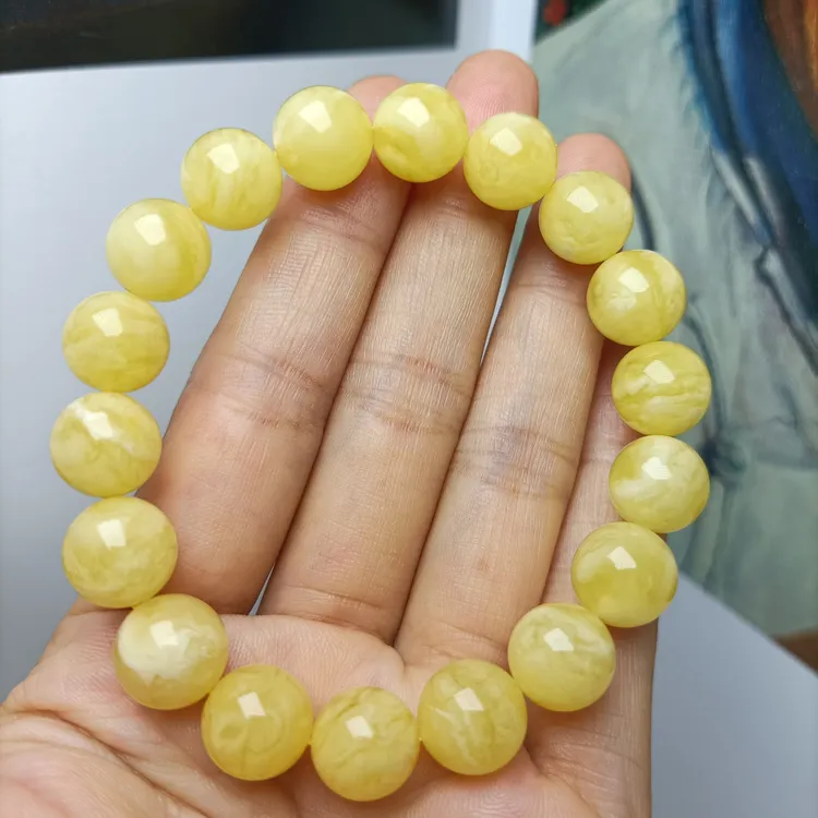 黄白相间有蜡有色品质好~11+天然俄料虎皮妖花蜜蜡圆珠手串~5001