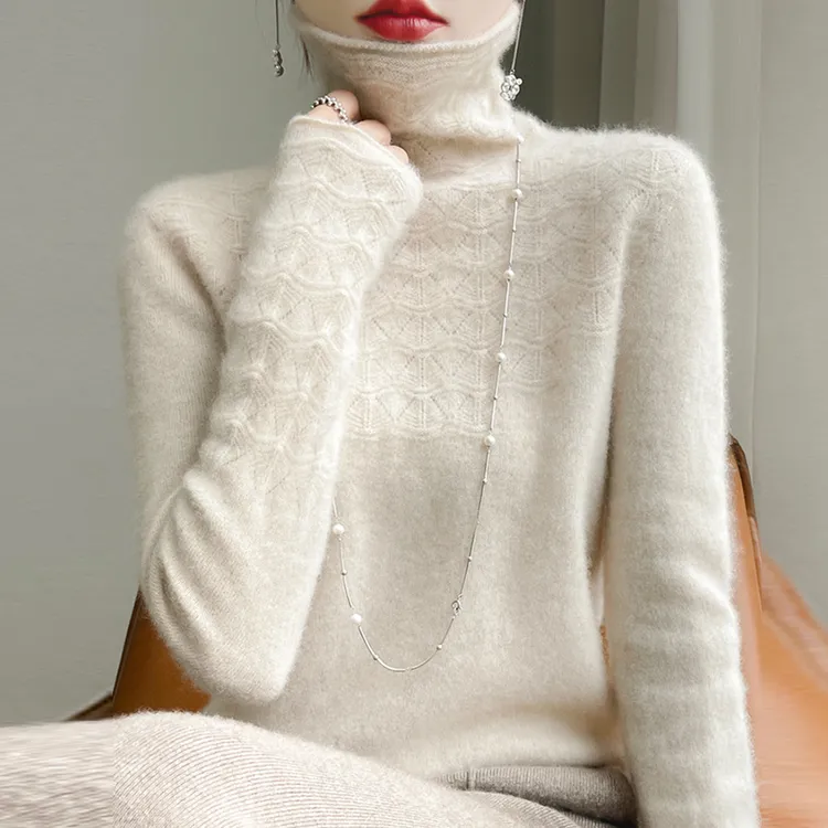 100纯羊毛衫女士堆堆领百搭毛衣高领洋气宽松羊绒镂空针织打底衫