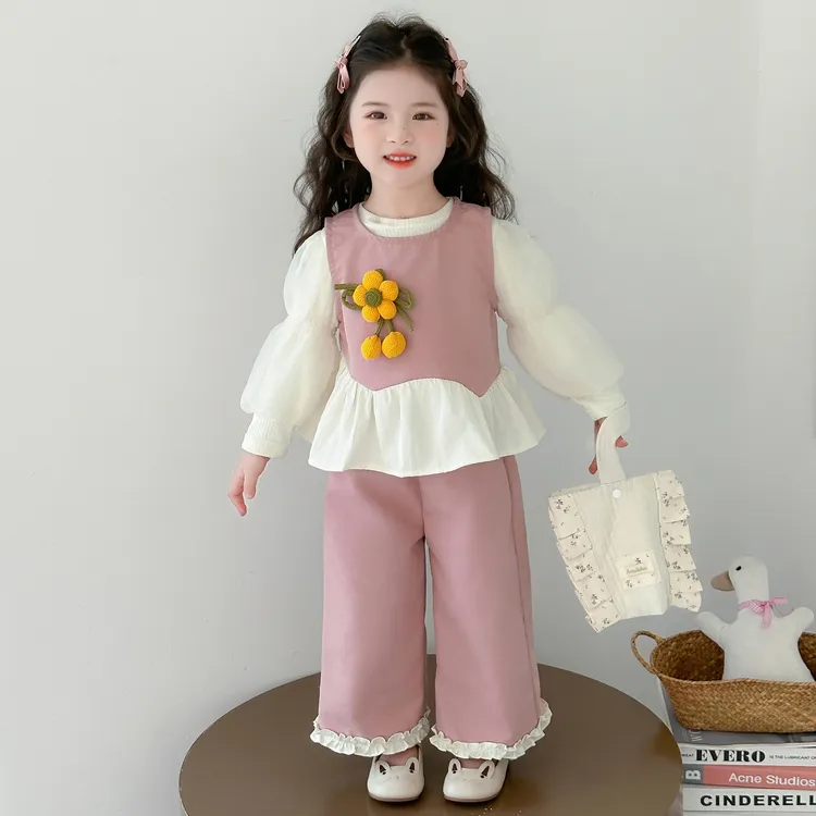 女童春秋款套装2025新款洋气时髦儿童向日葵女孩韩版阔腿裤三件套