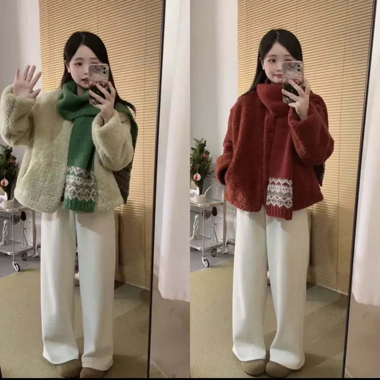 小个子配围巾短款圣诞过年毛毛外套27033