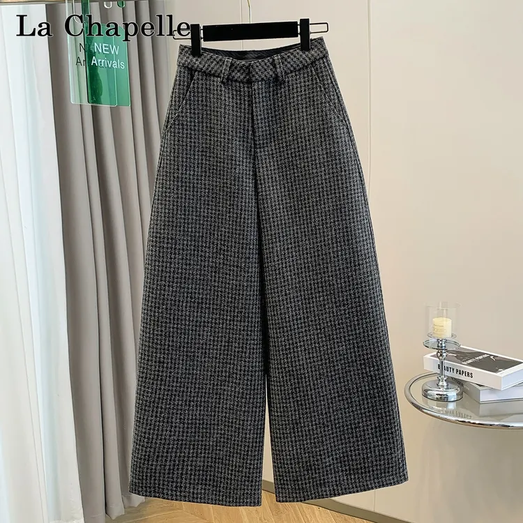 拉夏贝尔复古法式高腰直筒千鸟格毛呢阔腿裤女冬季百搭显瘦九分裤