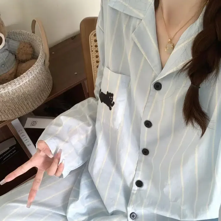 【长袖-蓝条纹小猫】秋天长袖长裤简约休闲睡衣套装女卡通家居服