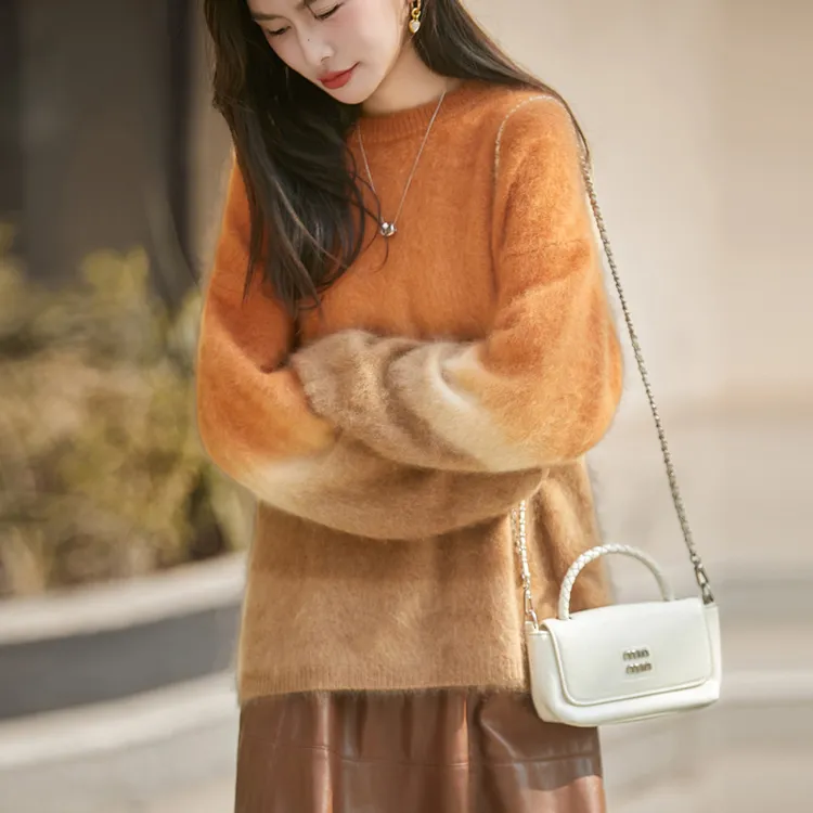 落日山羊绒拉绒毛衣女2025秋冬新款宽松显瘦圆领拉毛套女装上衣