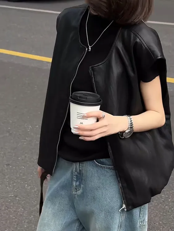 高级松弛感穿搭坎肩皮衣马甲女欧货拉链设计背心时尚洋气外穿外套