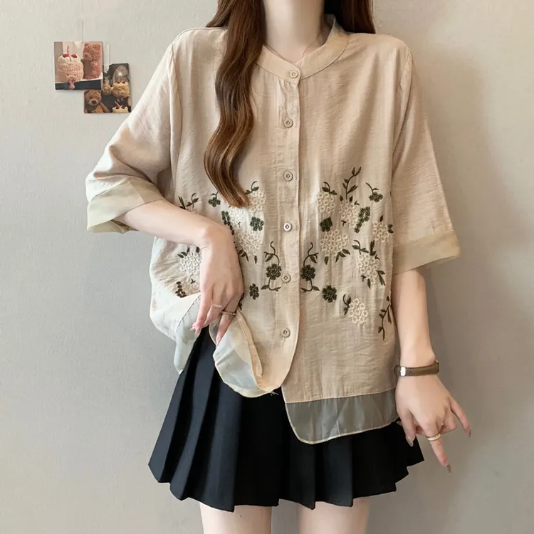 大码女装遮肚子小香风减龄短袖衬衫女夏季胖妹妹宽松显瘦雪纺上衣