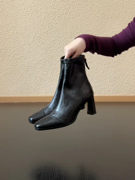 Pokoy-7cm小个子韩系方头弹力瘦瘦靴编织设计后拉链通勤短靴