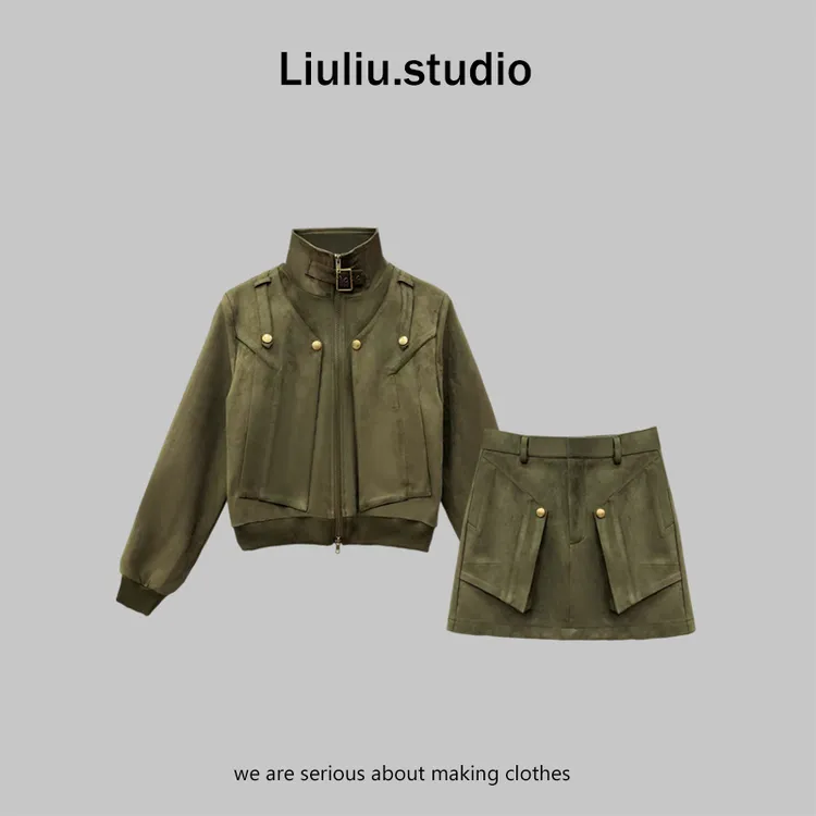 LiuLiu定制【飒野工装】酷飒工装风夹克外套＋复古大口袋半身裙套装