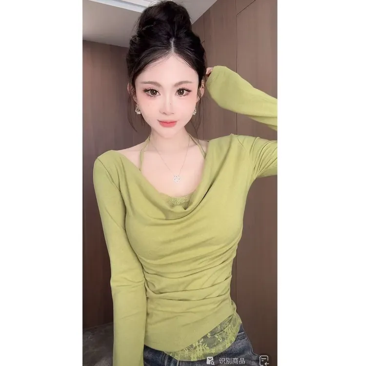 曼曼【心动赴约】假两件斜肩荡领长袖T恤女蕾丝挂脖山上衣3605#