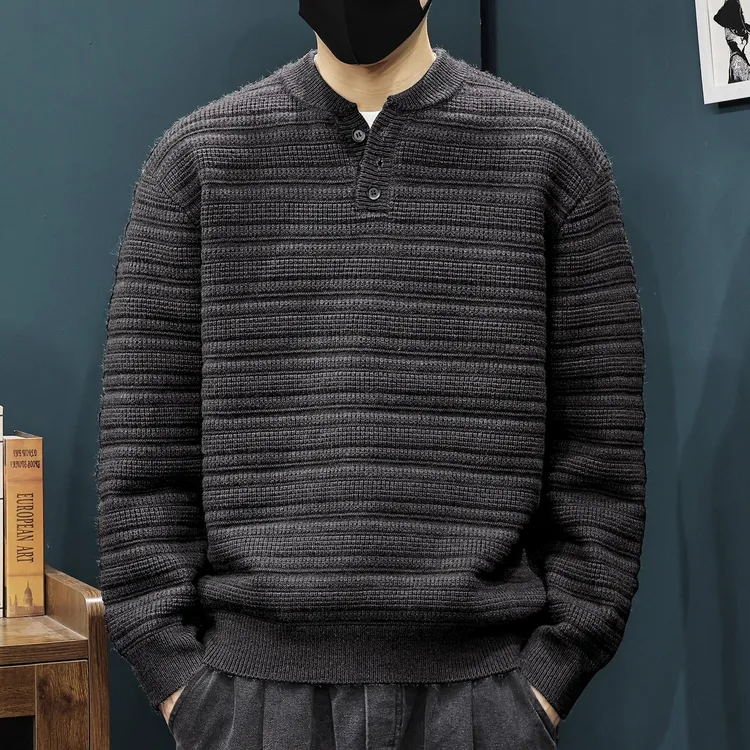 亨利V领冬季毛衣男士新款复古简约宽松大码秋冬加厚针织毛线衣潮