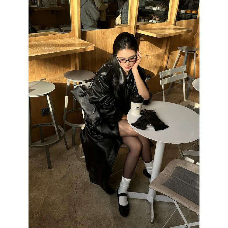 rovente 酷飒猎手黑色立领长款皮衣女宽松复古重工廓形皮风衣外套