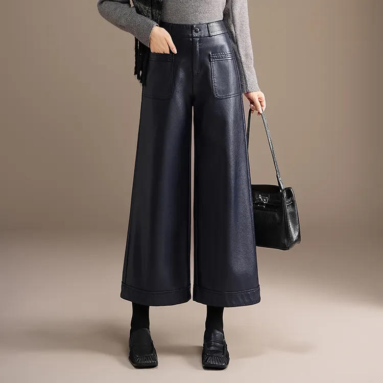 PU皮九分阔腿裤女2025秋冬新款加厚高腰通勤垂感遮胯小个子休闲裤