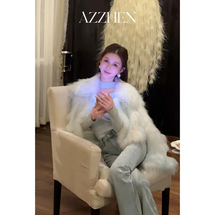 AZZHEN【冰川雪狐】100貉子毛大翻领蕾丝拼接重工厚款外套
