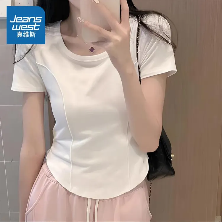真维斯白色短袖女t恤夏2025新款小个子正肩修身体恤显瘦辣妹穿搭