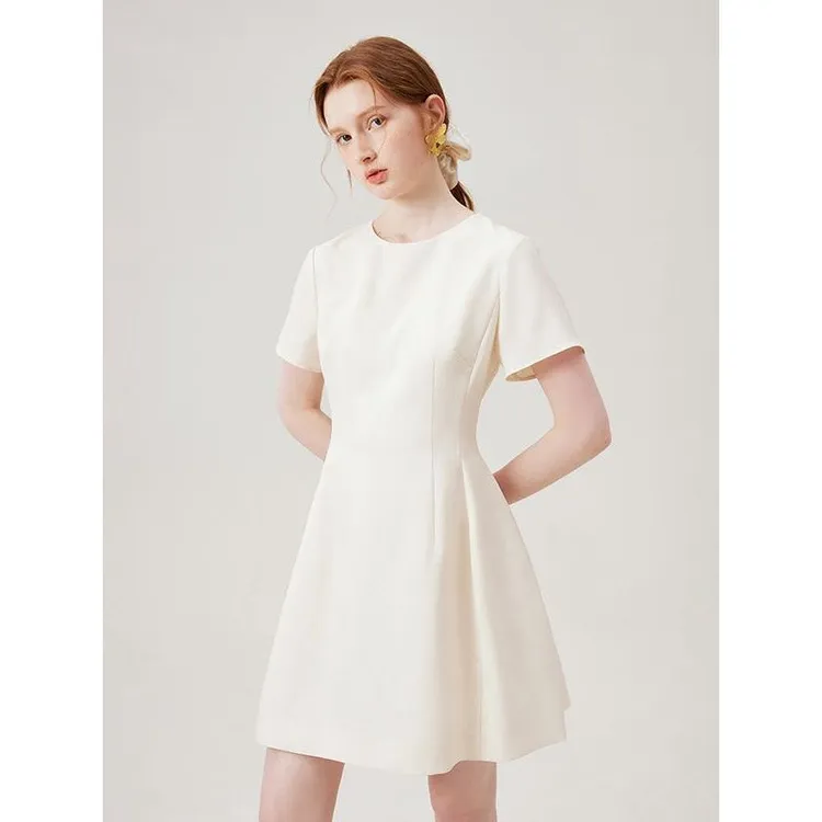 素都通勤抽褶收腰气质连衣裙2025夏季新款法式拼接显瘦纯色A字裙