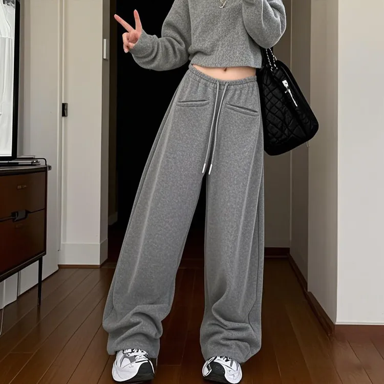 灰色松紧腰阔腿宽松休闲卫裤女2025春季垂坠松弛感慵懒风拖地长裤