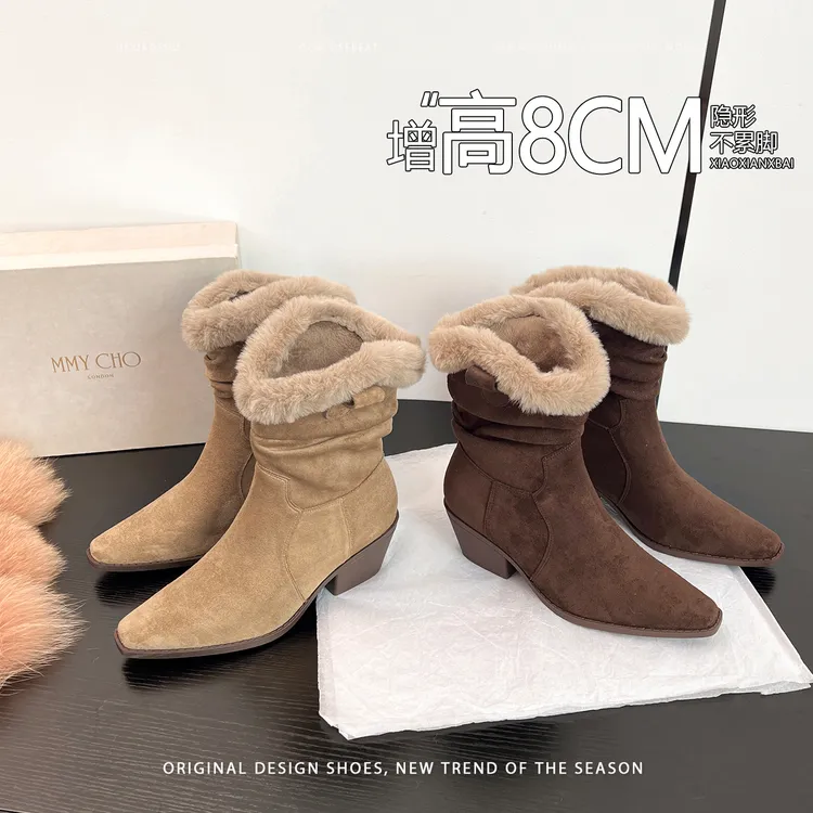 真皮复古尖头加绒保暖粗跟骑士靴女2025新款皮毛一体褶皱堆堆棉靴