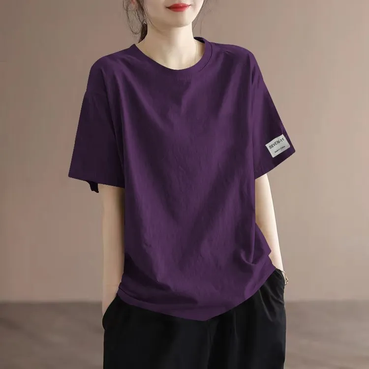 夏季新款纯色百搭减龄短袖T恤女士韩版纯棉圆领宽松打底衫上衣女
