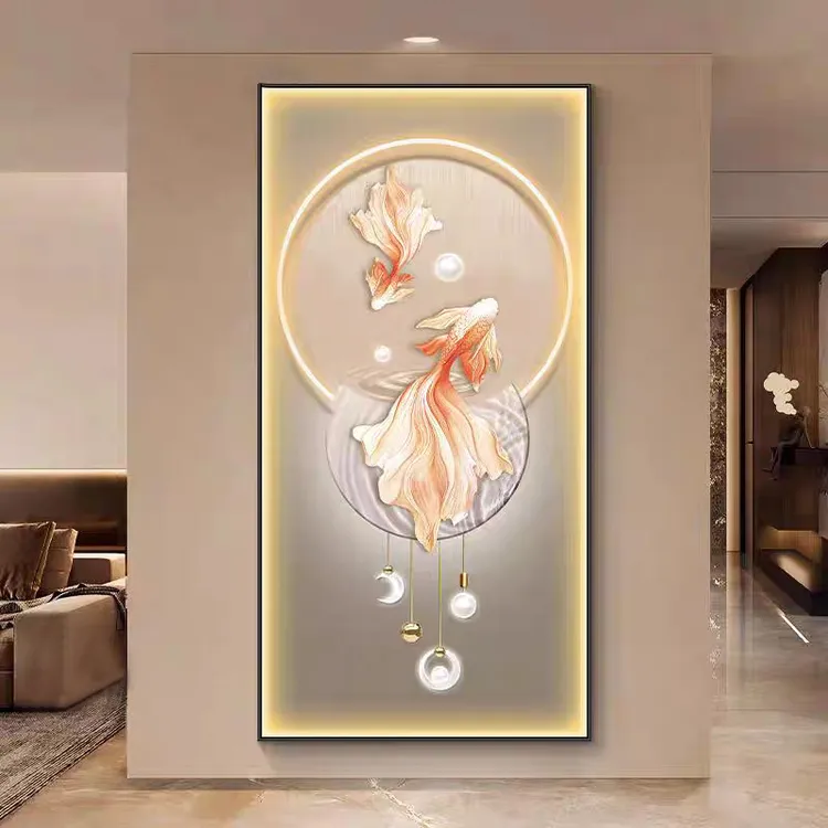 双鱼吉祥入户玄关装饰好寓意锦鲤轻奢led高级感发光走廊过道挂画