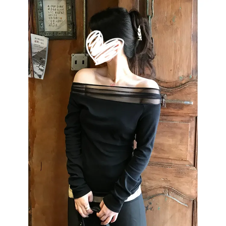 【运补】小众网纱拼接一字肩辣妹长袖T恤女装秋季修身打底衫上衣