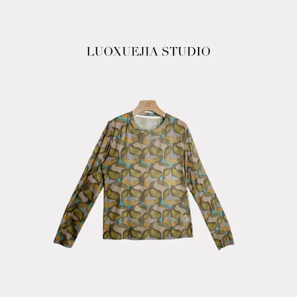 LXJ25469「艺术画廊」小众时髦撞色网纱长袖衫